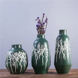Dark Green Hand Carve Irregular Line Creative Ceramic Flower Vase Pot For Plant Decor thumbnail-1