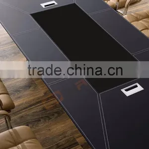 Luxury Office Furniture Decoration Black Tempered Glass Top Leather Cover Conference Room Table With Power Outlet thumbnail-3
