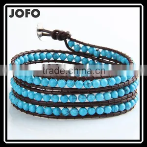 Retro Vintage Lovely Multilayer 4mm Round Blue Turquoise And Hand Knotted Brown Leather Wrap Bangle Bracelet thumbnail-1