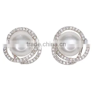 Sterling Silver Button Freshwater Pearl and Cubic Zirconia Flower Earrings thumbnail-2