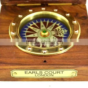 Antique Vintage Solid Brass Gift Compass With Wooden Box 13522 thumbnail-3
