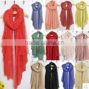 Hot Selling Stock Lace Cotton Flower Plain Pure Color Women Pattern Scarf Voile Cotton Scarves 180*110 Pashmina Moq 10pcs thumbnail-6