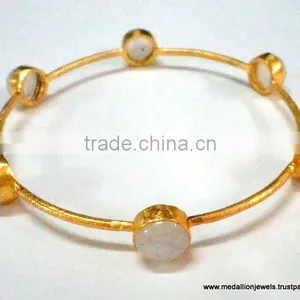 Vermeil Natural Rainbow Moonstone Gemstones Bangles, Gold Plated Matt Finish Bangles, Gold Polished Sterling Silver Bangles thumbnail-1