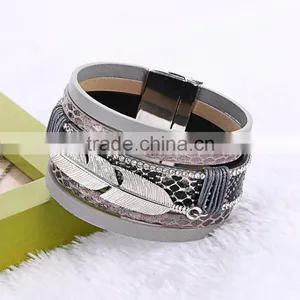 6 Color In Stock Fashion Silver Leaf Charms Vintage Multilayer Crystal Leopard Leather Bracelet thumbnail-1