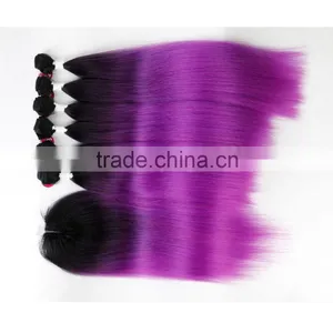 7pcs 220g Cheap Hair Weaving Modacrylic Fibre Shed Free Ombre Color Synthetic Straight Hair Weft With Big Lace Closure thumbnail-1