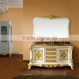 Hotel Type Baroque Style Antique Wooden Bathroom Vanity With Double Sinks With Gold Foil WTS123 thumbnail-1