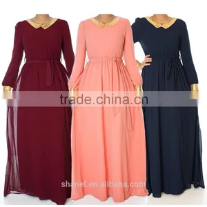 Muslim Gold Sequins Chiffon Abaya Dress Loose Long Sleeve Dubai Islamic Kaftan thumbnail-1