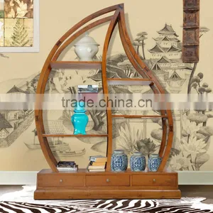 Book Rack Leaf With 3 Drawers Natural Teak Wood Furniture thumbnail-1