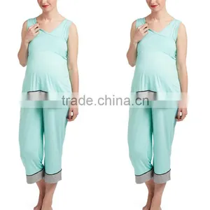 Relaxed Fit Surplice Neckline Night Wear Stretch Blend Mint Color Block Sleepwear Maternity/Nursing Pajama Set thumbnail-1