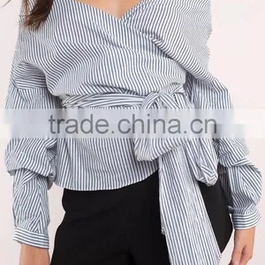 Wrap Neck Women Off Shoulder Stripe Blouse Women thumbnail-3