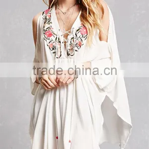 Latest Fashion Center Front Pleats Lace-up Neckline Long Dolman Sleeves Tunic Dress thumbnail-1