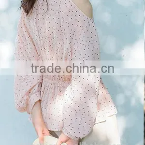 2017 Wholesale Summer Women Tie Neck Cold Shoulder Long Sleeve Print Blouse thumbnail-3