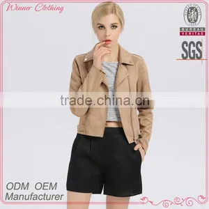OEM/ODM Clothing Manufacturer High Quality Khaki Short Style Women Casual Suede Jacket With Turn Collar thumbnail-1