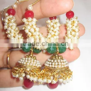 Red Green Pearl Hoop Bollywood Gold Tone Dangler Jhumka EARRINGS thumbnail-4