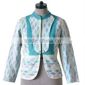 Vintage Kantha Jacket in Cream & Green Color ~ Extra Large thumbnail-1