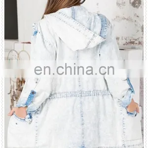 High Quality OEM Garment Oversized Casual Light Blue Women Trench Coat With Hood thumbnail-4