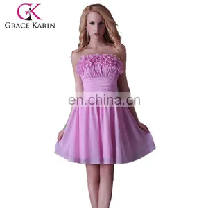 Grace Karin Strapless Short Pink Bridesmaid Dress With Flowers CL3469 thumbnail-1