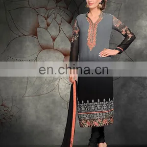 Grey and Black Colored Georgette Suit. thumbnail-1
