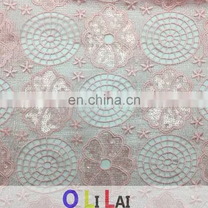 OLF0182 High Quality Pink Flower Design With 3d Sequins Lace Fabric thumbnail-2