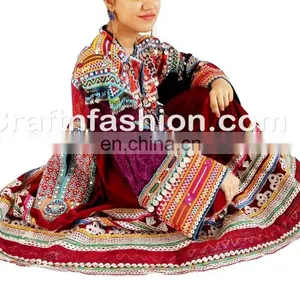 Vintage Handmade Balochi Dress With Tassels- Balochi Tribal Ethnic Coins Dress Handmade Kuchi Dress Ghagra Choli thumbnail-1