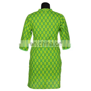 GREEN PRINTED WITH YOKE NEHRU COLLAR FRONT PLEATS 100% COTTON INDIAN STYLE thumbnail-1