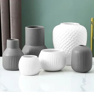 Ins Style Black And White Grey Stripe Contracted Ceramic Plant Vase, Home And Hotel Decoration thumbnail-2