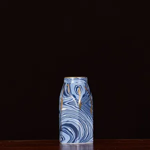 New Chinese Modern Simple Hexagon Electroplate Blue White Stripe Ceramic Vase For Indoor thumbnail-3