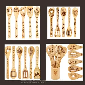 Halloween Bamboo Kitchen Cooking Spoons Set Burned,Christmas Gift Bamboo Cooking Utensil Set Burned,bamboo Wood Spoon Set Sale thumbnail-5