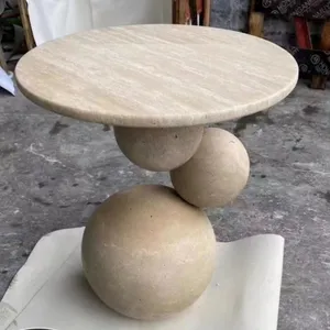 Modern Italian Style Living Room Furniture Round Coffee Table Beige and Black Travertine Marble Stone Tea Dining Table for Home thumbnail-1