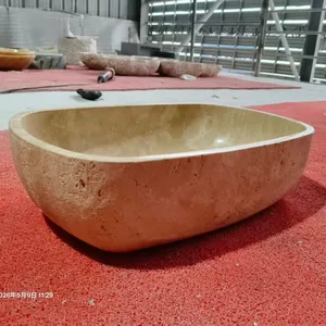 Natural Modern Travertine Marble Stone Rectangle Shape Polished Countertop Hand Wash Sink Custom Size for Bathroom Hotel Villa thumbnail-1