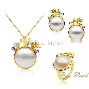 2015 New Fashion Mabe Pearl Necklace Pendant, Pearl Ring and Earring Set in 14K Gold thumbnail-1
