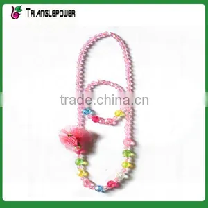Candy Colorful Beaded Necklace Bracelet Set With Silk Flower for Kids thumbnail-1