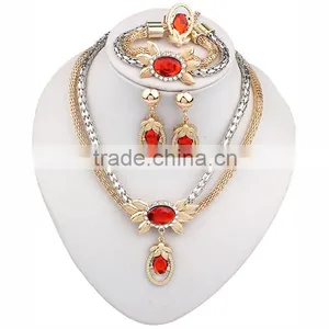 Gold Plated Pendant Statement Crystal Necklace Earrings Bracelet Rings Set for Wedding Jewelry thumbnail-2
