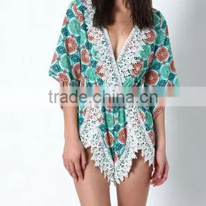 Summer Deep V-neck Back With One Button Fruity Green Crochet Plunge Crepe Romper Short Print Sexy Jumpsuit thumbnail-2