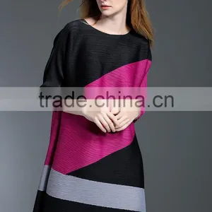 Female Patchwork Contrast Color Crinkle Spring A-line Dresses thumbnail-5