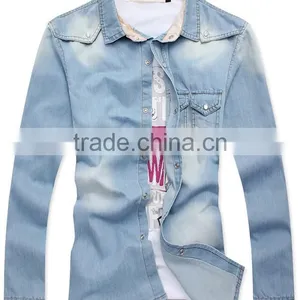 Mens Jeans Shirt Blue New Fashion Shirt Long Sleeve Slim Shirt With Snap Button thumbnail-1