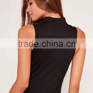 MGOO 2017 Wholesale Zip Up Front Black Bodysuits Ribbed Chocker Neck Fashion Cheap Sleeveless Blouses Custom Design thumbnail-6