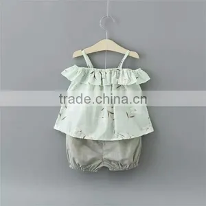 2016 Summer Girl Kids Clothes Stylish Designs White Spaghetti Strap T-shirt Cotton Baby Girls Dress Set thumbnail-4