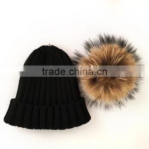 Myfur Adult Couple Beanie Hat With Real Raccoon Fur Bobble Wool Blend Hat thumbnail-3