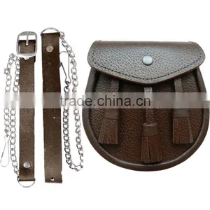 New Scottish Brown Three Tassel Leather Sporran For Kilt With Chain Belt thumbnail-1