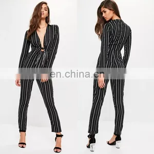 Black Striped Tie Front Shirt Ladies Jumpsuit thumbnail-1