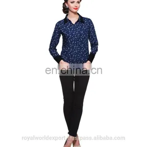 BLUE PRINTED SHIRT WITH CONTRAST COLLAR AND CUFF DESIGNER TOP LADIES NEW DESIGN FASHION TOP thumbnail-2