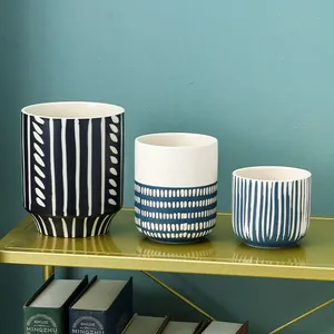 Blue And Yellow Stripe Large Hand Paint Ceramic Flower Pot For Study And Dining Room thumbnail-4