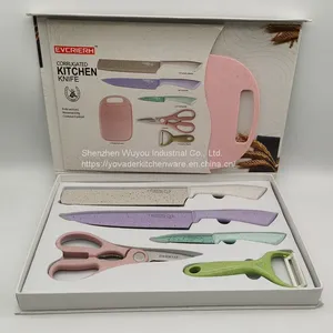 6pcs Wheat Straw Kitchen Knife Set With Plastic Chopping Board thumbnail-1