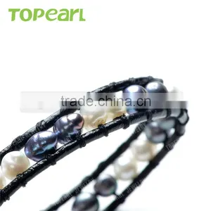 Topearl Jewelry Potato Shape White and Black Freshwater Pearl Bracelet Woven Leather Wrap 2016 Popular Beaded Bracelets CLL158 thumbnail-3