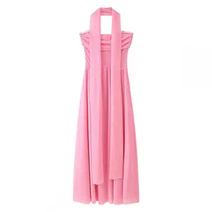 Summer New European and American Cross-border Foreign Trade Women's Clothing Sexy Pleated Solid Color Strapless With Scarf Long Skirt thumbnail-1