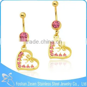 China Manufacturer Surgical Steel Hanging Pink Crystal Heart Bow Belly Ring thumbnail-5