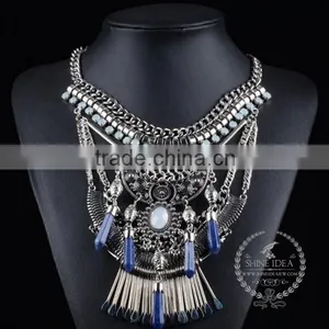 High Quality Vintage Blue Lapis Chunky Statement Necklace Tin Alloy Fashion Women Pendant Necklace 6390094 thumbnail-1