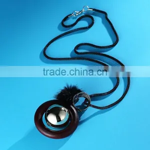 Silver Ball Wood Hoop Pompon Pendant Necklace Korea Retro Long Sweater Necklace Autumn Geometric Necklace thumbnail-1