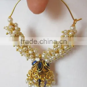 Pearl Hoop Bollywood Gold Tone Dangler Jhumka EARRINGS thumbnail-5
